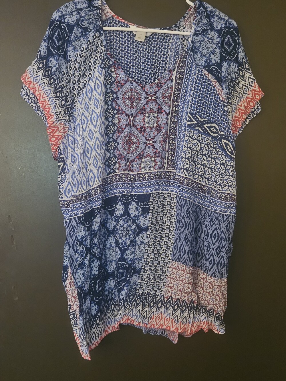 CJ Banks Blue and Coral Mixed Print V-Neck Tunic